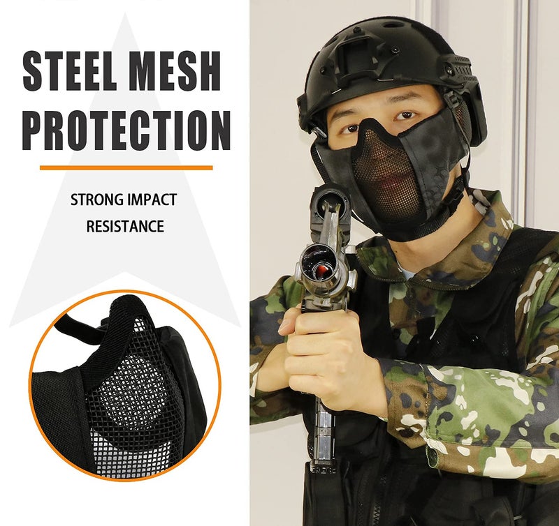 AOUTACC Airsoft Protective Gear Set, Half Face Mesh Mask with Ear Protection and Tactical Goggles for Kid Adult Men Women BBS Paintball Shooting CS Survival Games Cosplay (Black) - Image 5